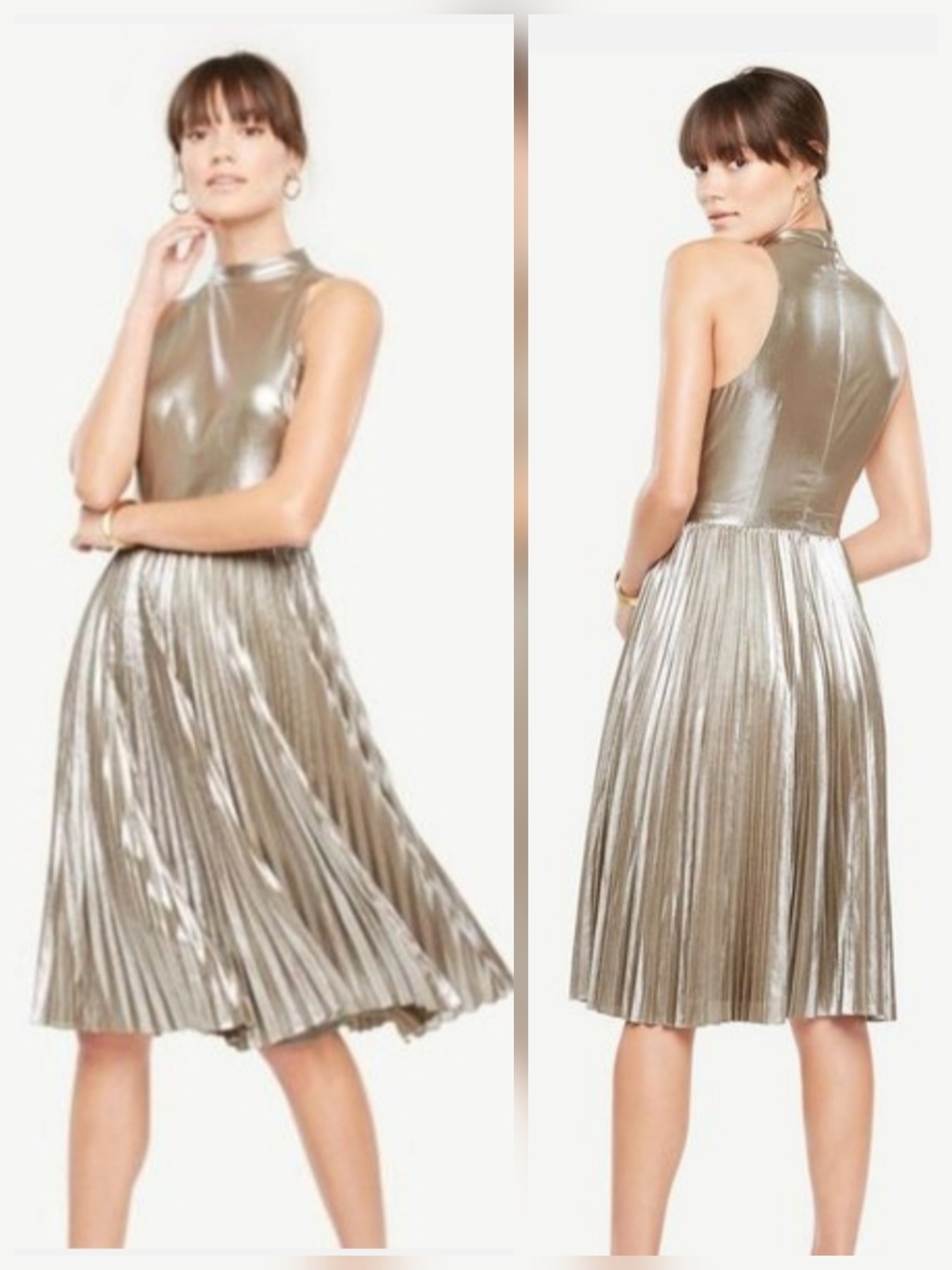 NWT Ann Taylor Gold Shimmery Pleated Sleeveless Cocktail Party Dress